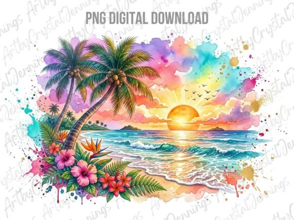 Download Tropical Sunset Beach Watercolor PNG - Beach Collection